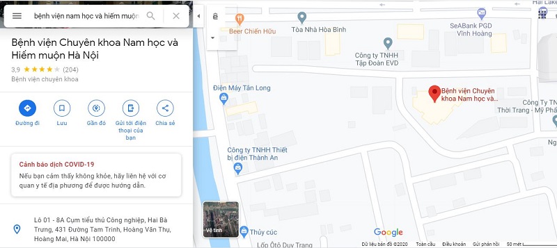 map benh vien nam hoc va hiem muon ha noi